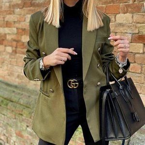 Army Green Lapel Collar Double Breasted Blazer